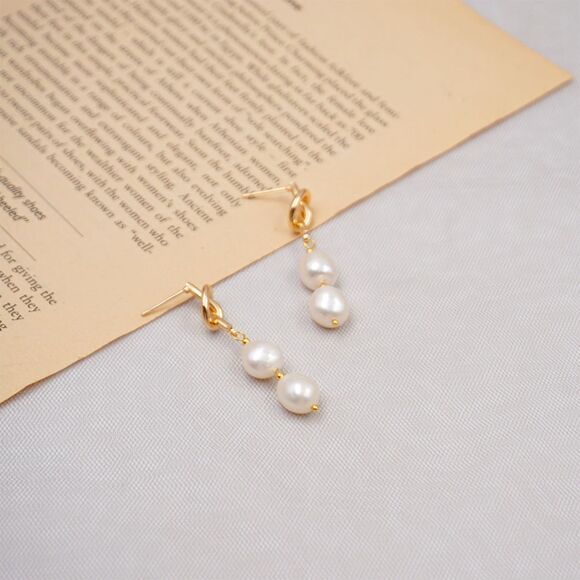 Pearl Drop Earrings Minimalist 14k Gold Plated Freshwater Pearl Dangle Earrings - Picture 2 of 4
